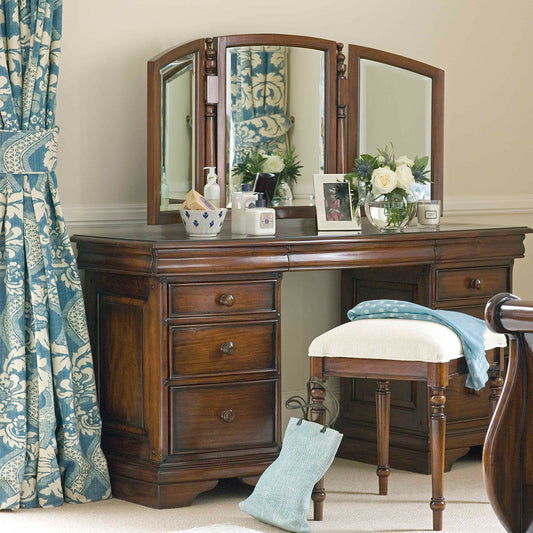 French inspired 6 drawer dressing table with three mirrors in glossy varnished dark brown finish