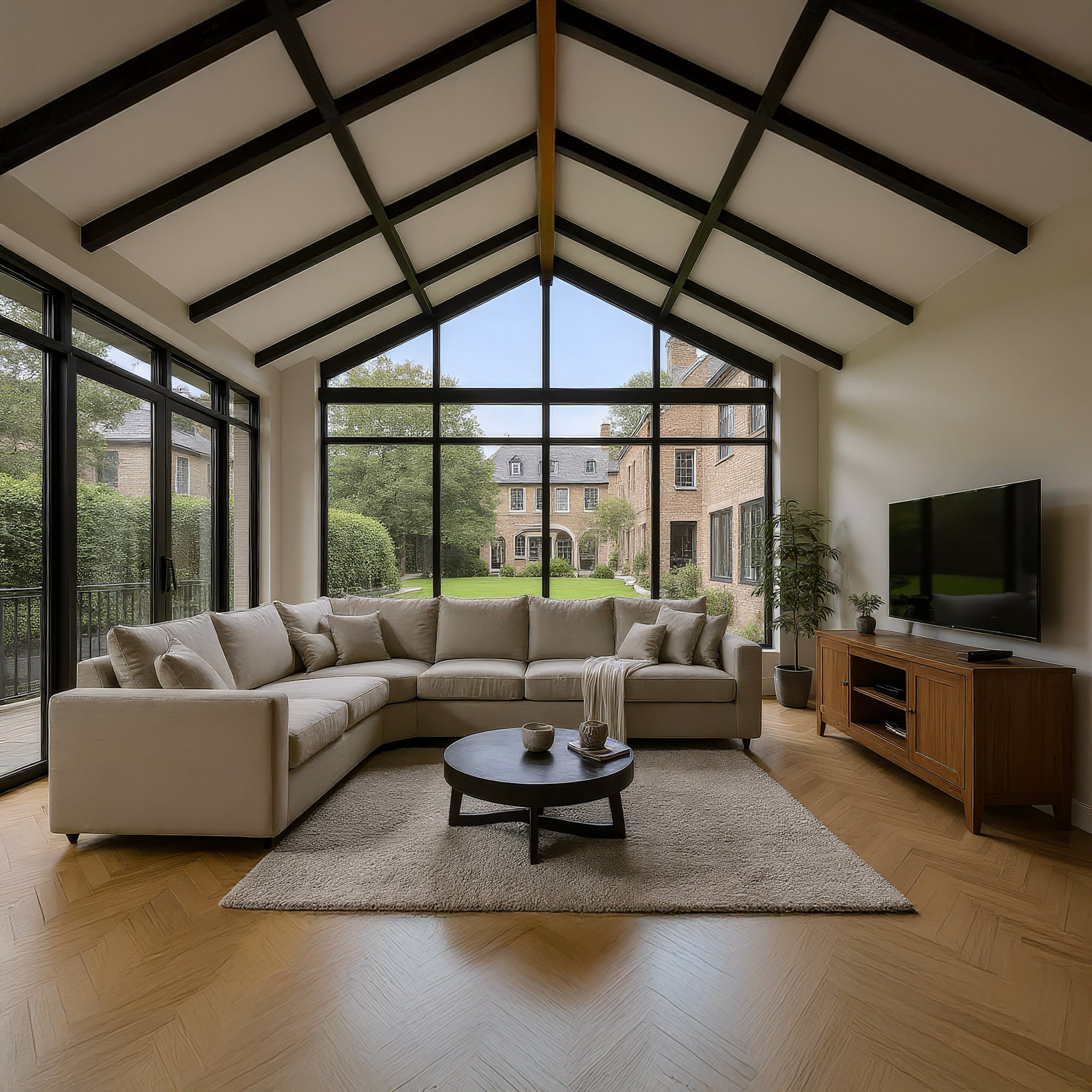 Modern living room with a sectional sofa, coffee table, and TV in a home with large windows.