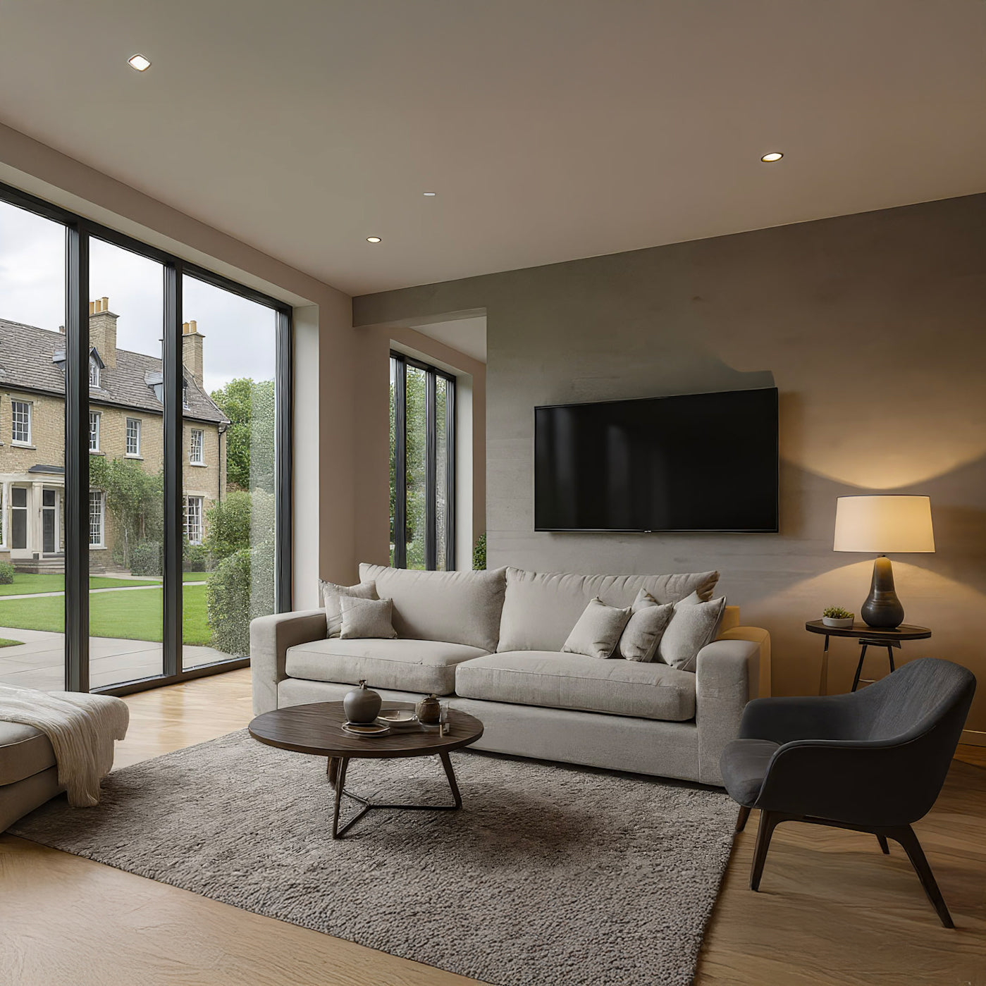 Modern living room with a grey sofa, coffee table, and TV.