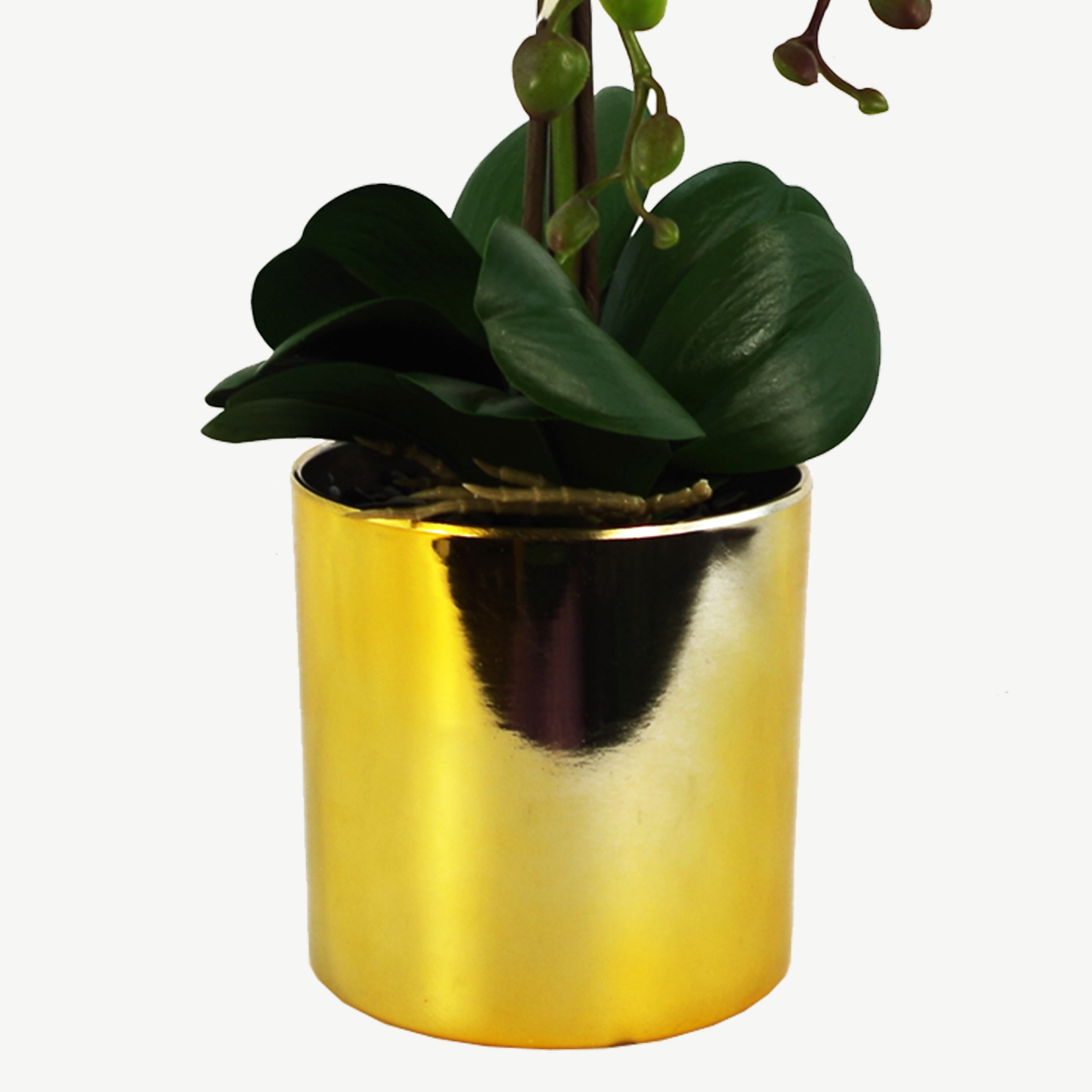 Artificial large white orchid in gold pot