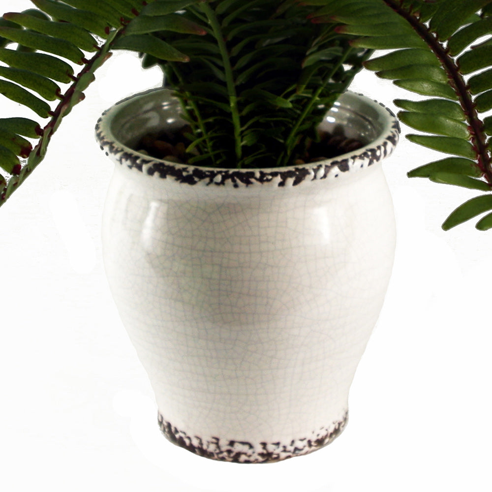 Artificial green fern bush in white ceramic pot