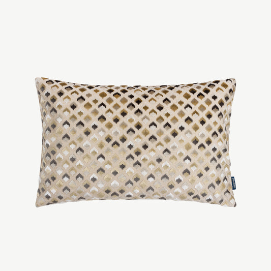 Rectangular scatter cushion featuring raised chequered design in varying hues of brown, white and gold with reverse plain side