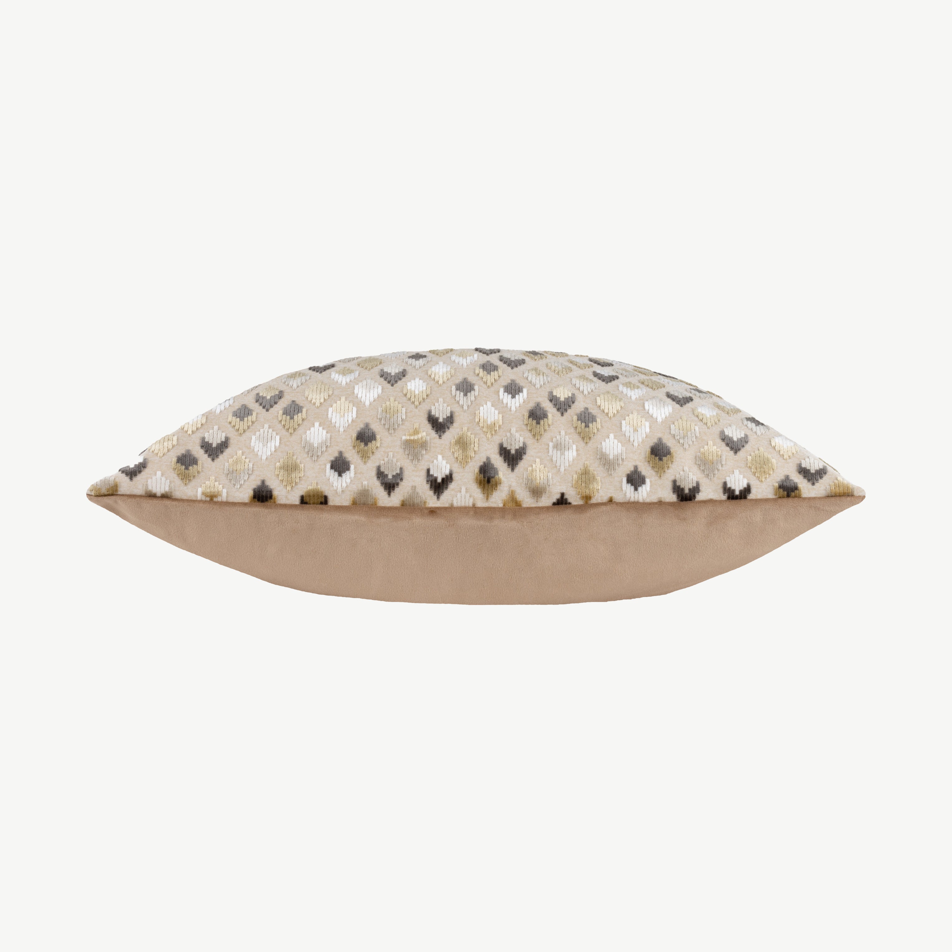 Rectangular scatter cushion featuring raised chequered design in varying hues of brown, white and gold with reverse plain side