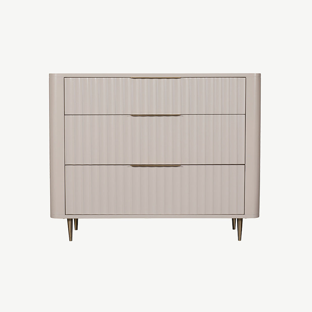 Mahogany 3 drawer chest in neutral ivory finish with corrugated drawer fronts and gold accent handles