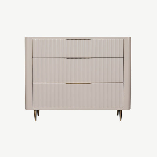 Mahogany 3 drawer chest in neutral ivory finish with corrugated drawer fronts and gold accent handles
