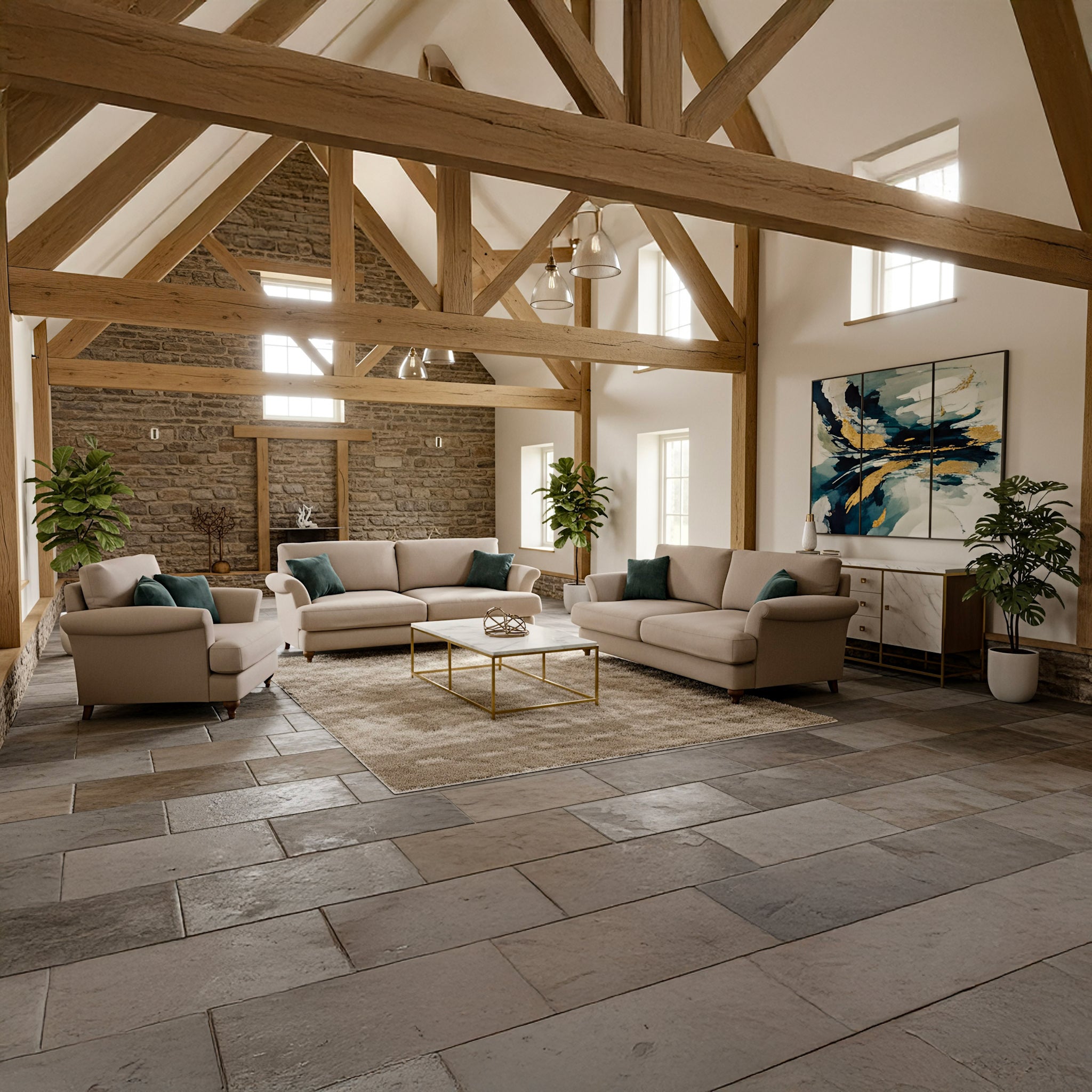 Modern living room with stone flooring, wooden beams, and comfortable furniture.