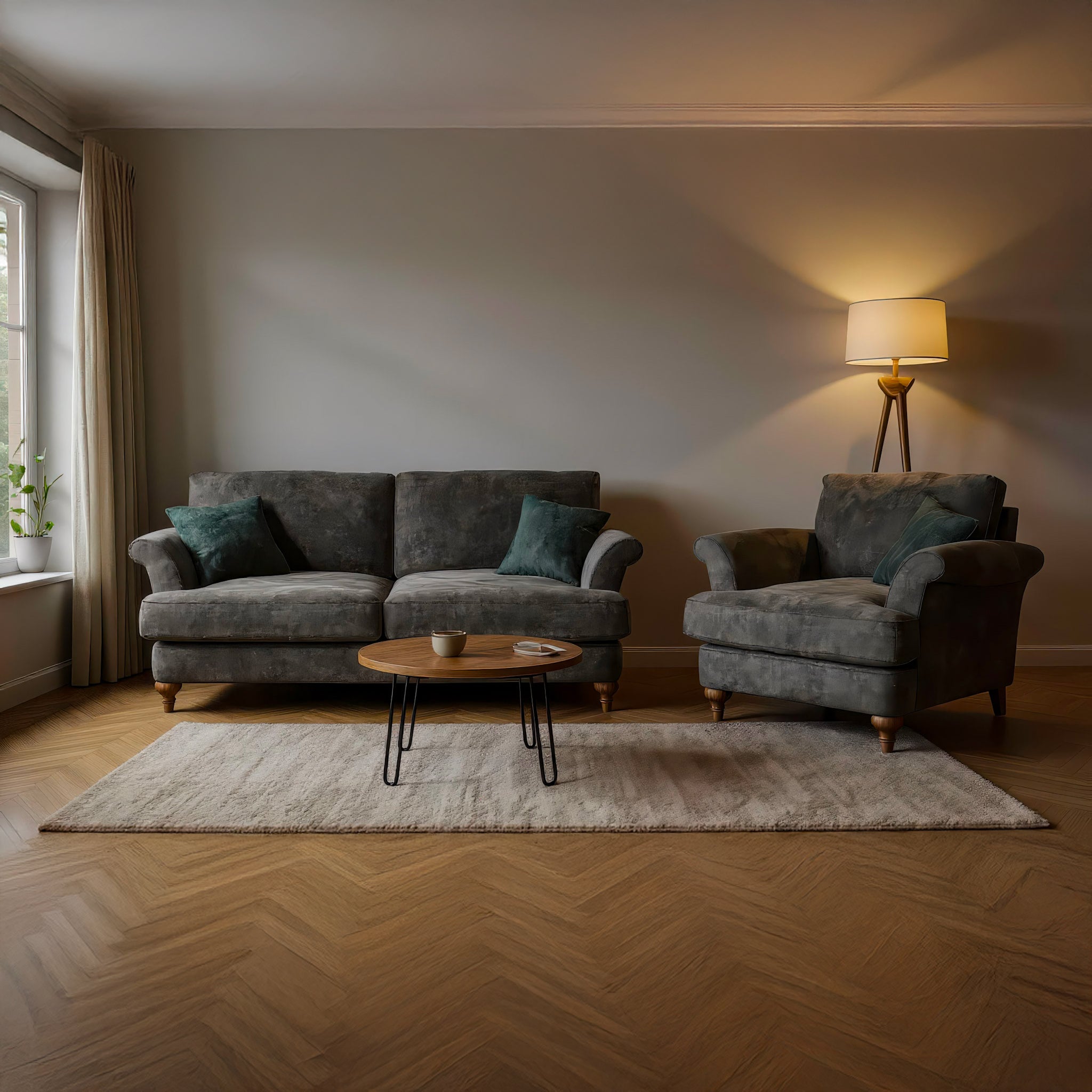 Living room with gray sofa, armchair, and coffee table on a wooden floor.