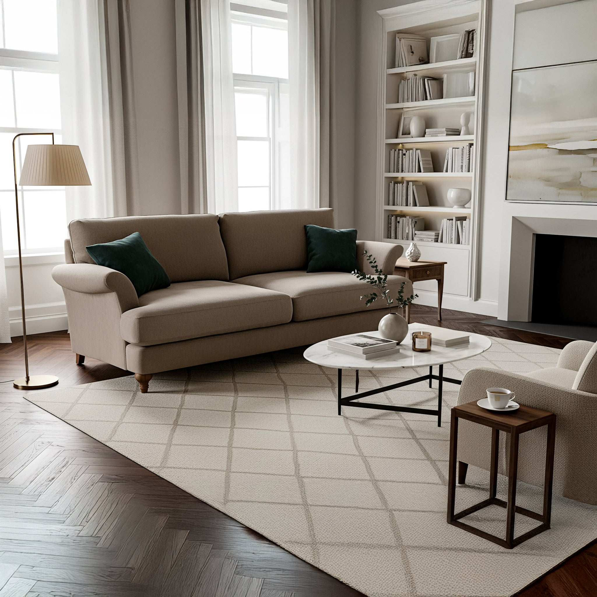 Modern living room with a beige sectional sofa, coffee table, and bookshelf.