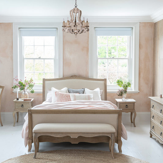 Solid oak high end bed in soft antique finish