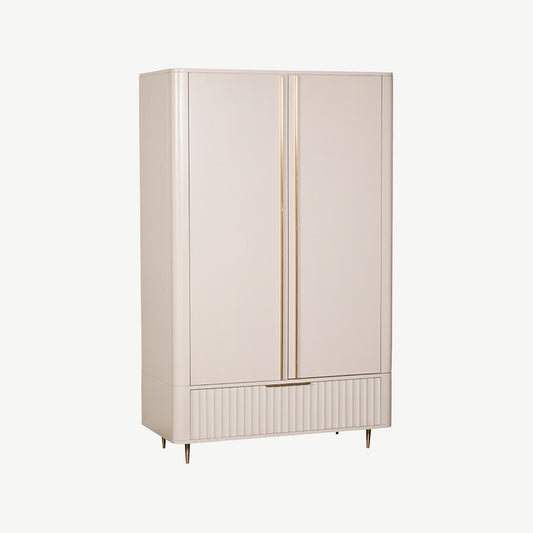 Mahogany double wardrobe in neutral ivroy finish with corrugated bottom drawer and and gold accent handles