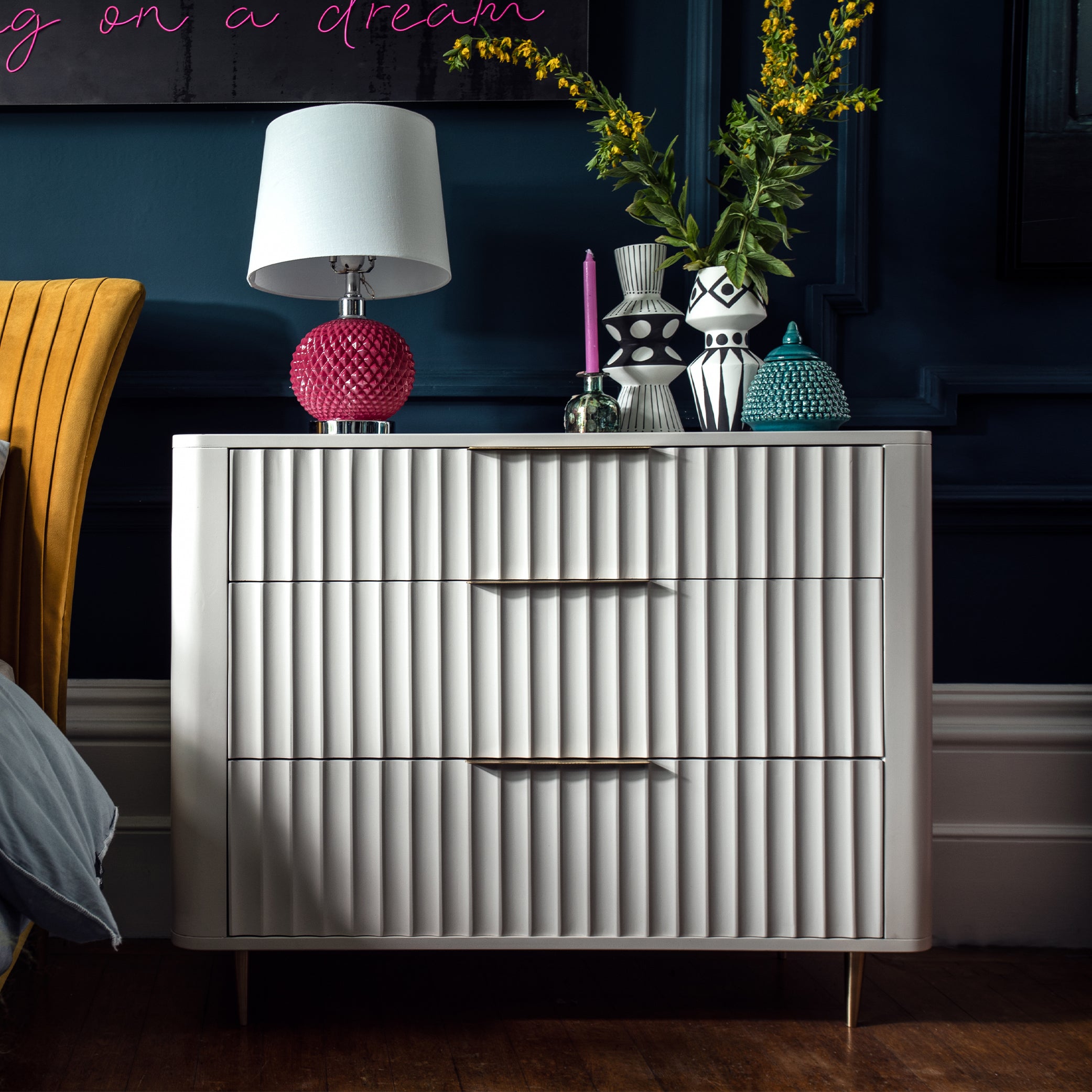 Mahogany 3 drawer chest in neutral ivory finish with corrugated drawer fronts and gold accent handles