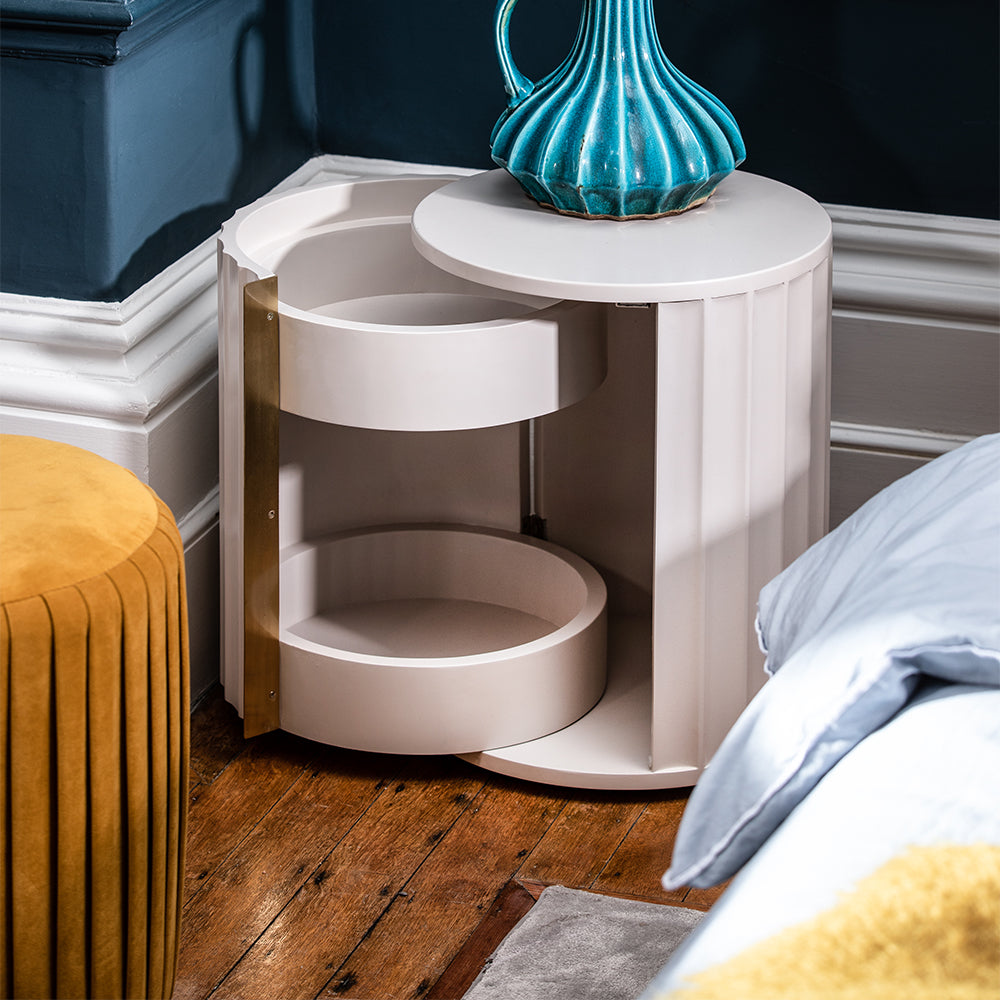 Mahogany right bedside table in netural ivory finish with corrugated front and gold accent handle