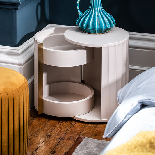 Mahogany right bedside table in netural ivory finish with corrugated front and gold accent handle