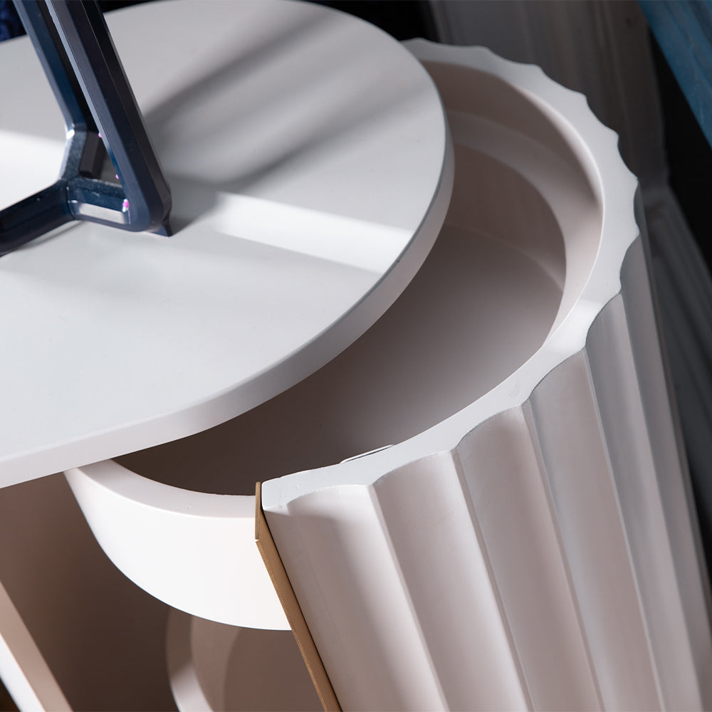 Mahogany right bedside table in netural ivory finish with corrugated front and gold accent handle