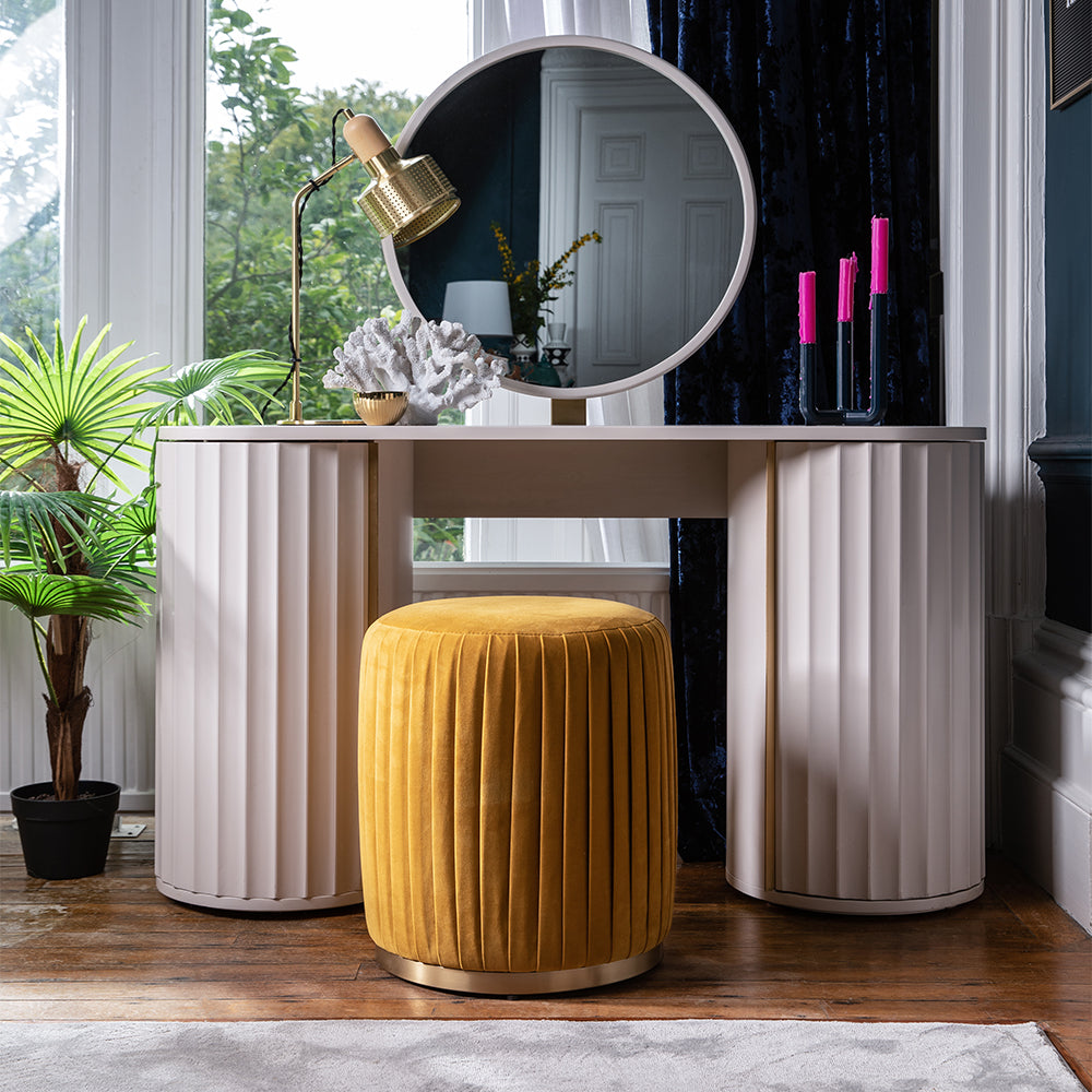 Mahogany dressing table in netural ivory finish with corrugated side doors and gold accent handles