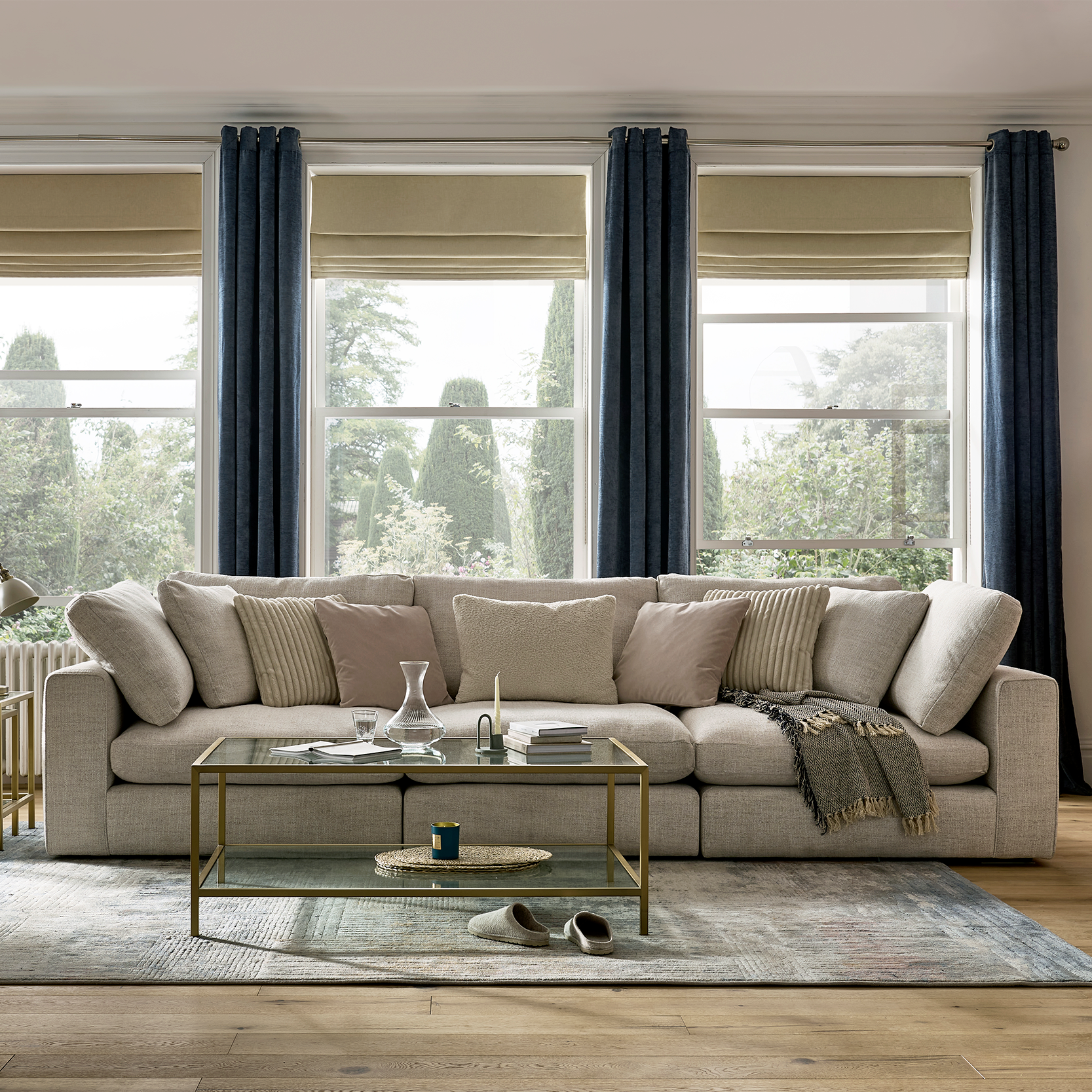 Luxury corner sofa in soft neutral fabric