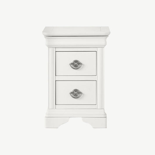 Wooden 2 drawer nightstand in painted white finish with silver handles