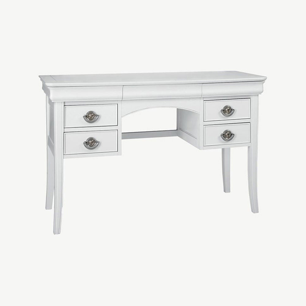 Wooden dressing table in painted white finish with silver handles and four drawers