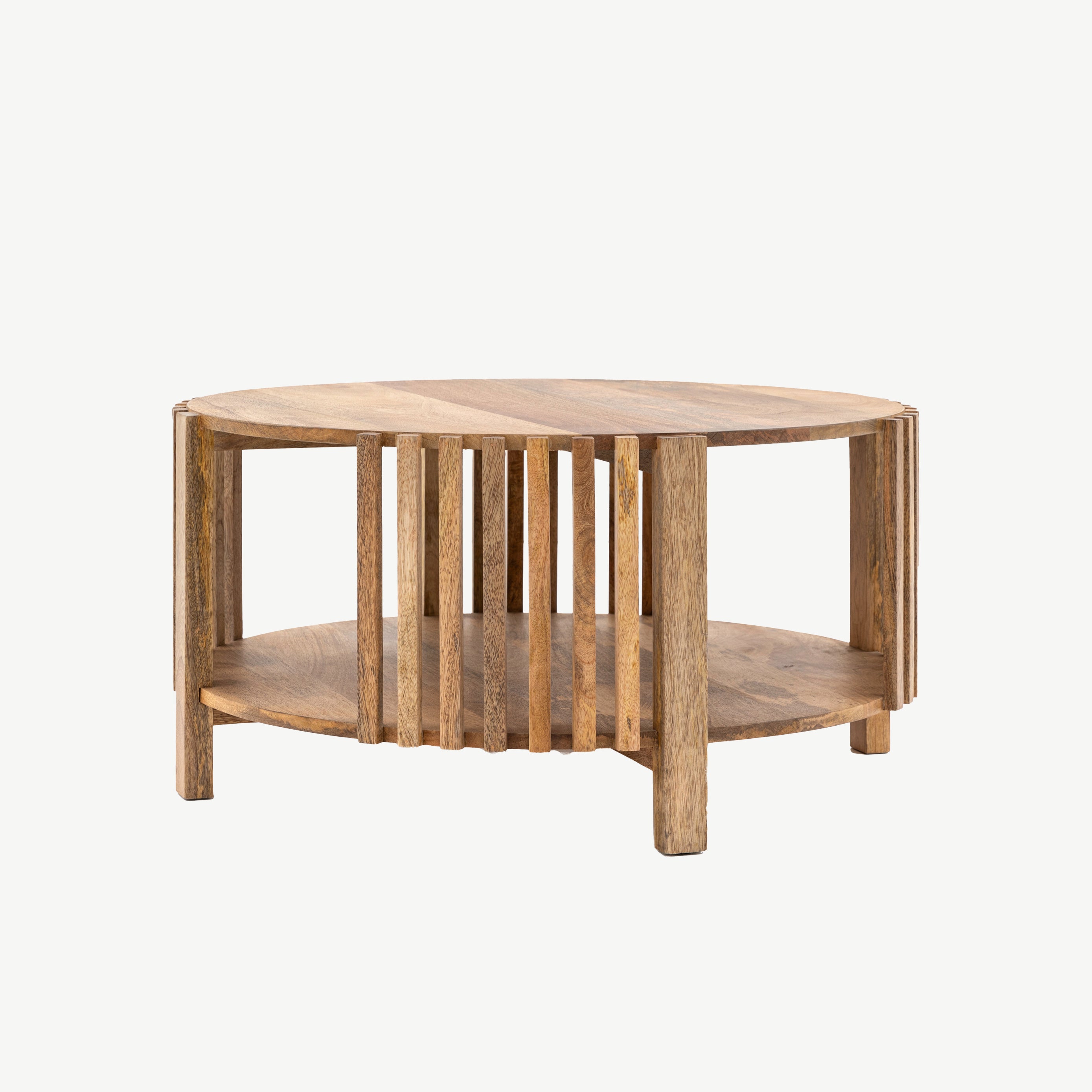 Slatted wooden coffee table in natural finish with lower storage shelf