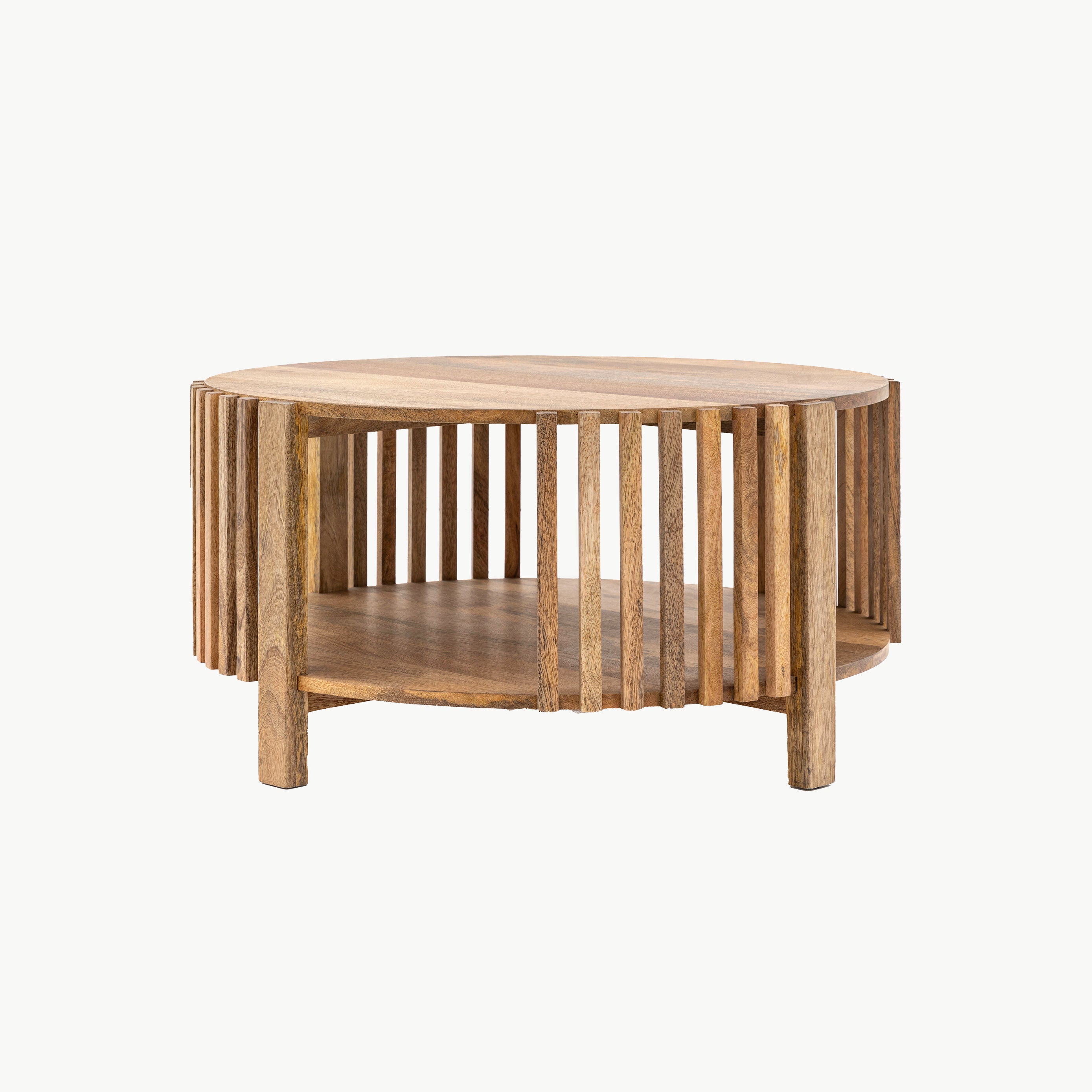 Slatted wooden coffee table in natural finish with lower storage shelf