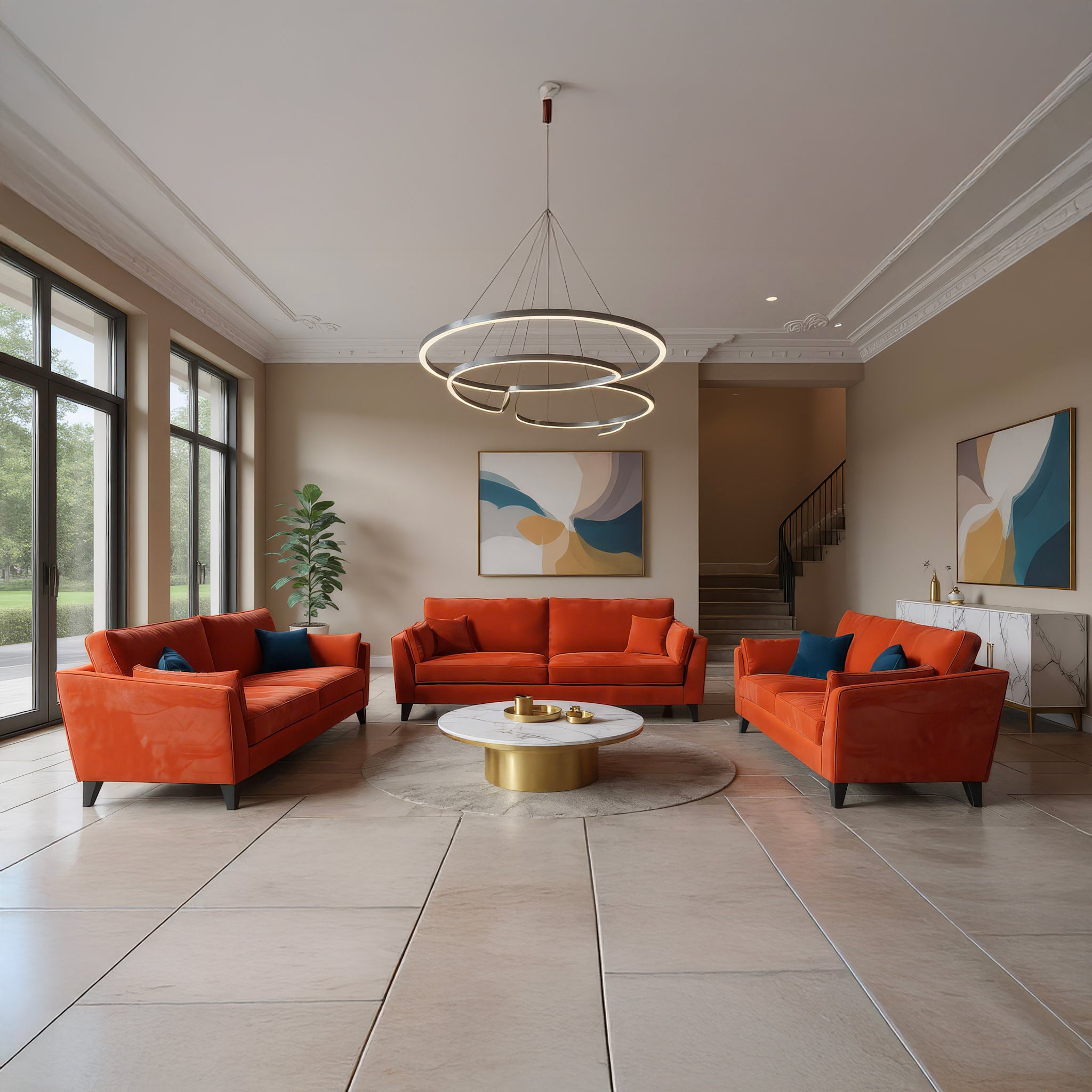 Modern living room with orange sofas, a white coffee table, and abstract art on the walls.