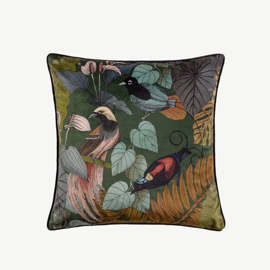 Pink and emerald scatter cushion with picturesque bird design