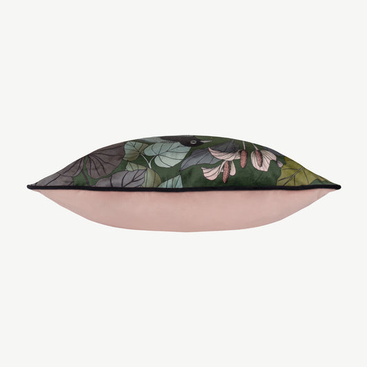 Pink and emerald scatter cushion with picturesque bird design
