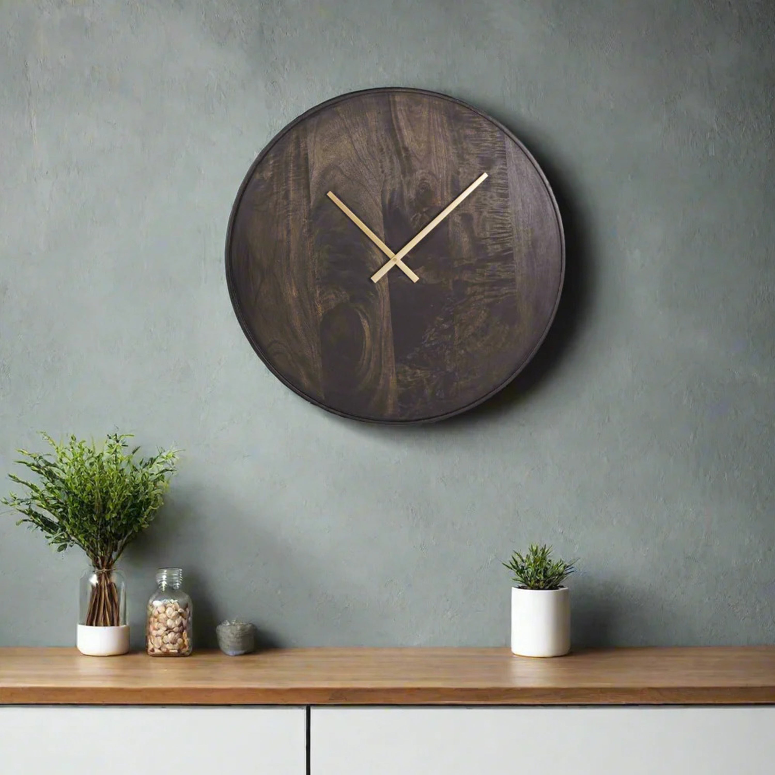 Solid mango wood wall clock in black smoke finish and antique brass hands
