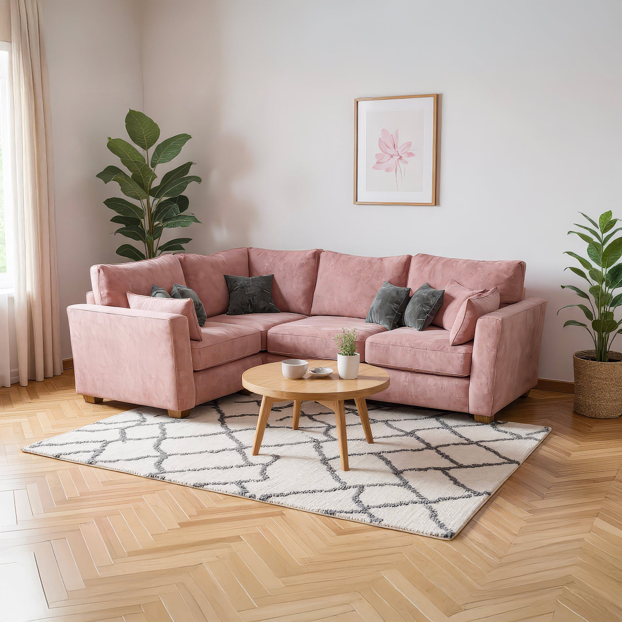Living room with a pink sectional sofa, wooden coffee table, and decorative plants.
