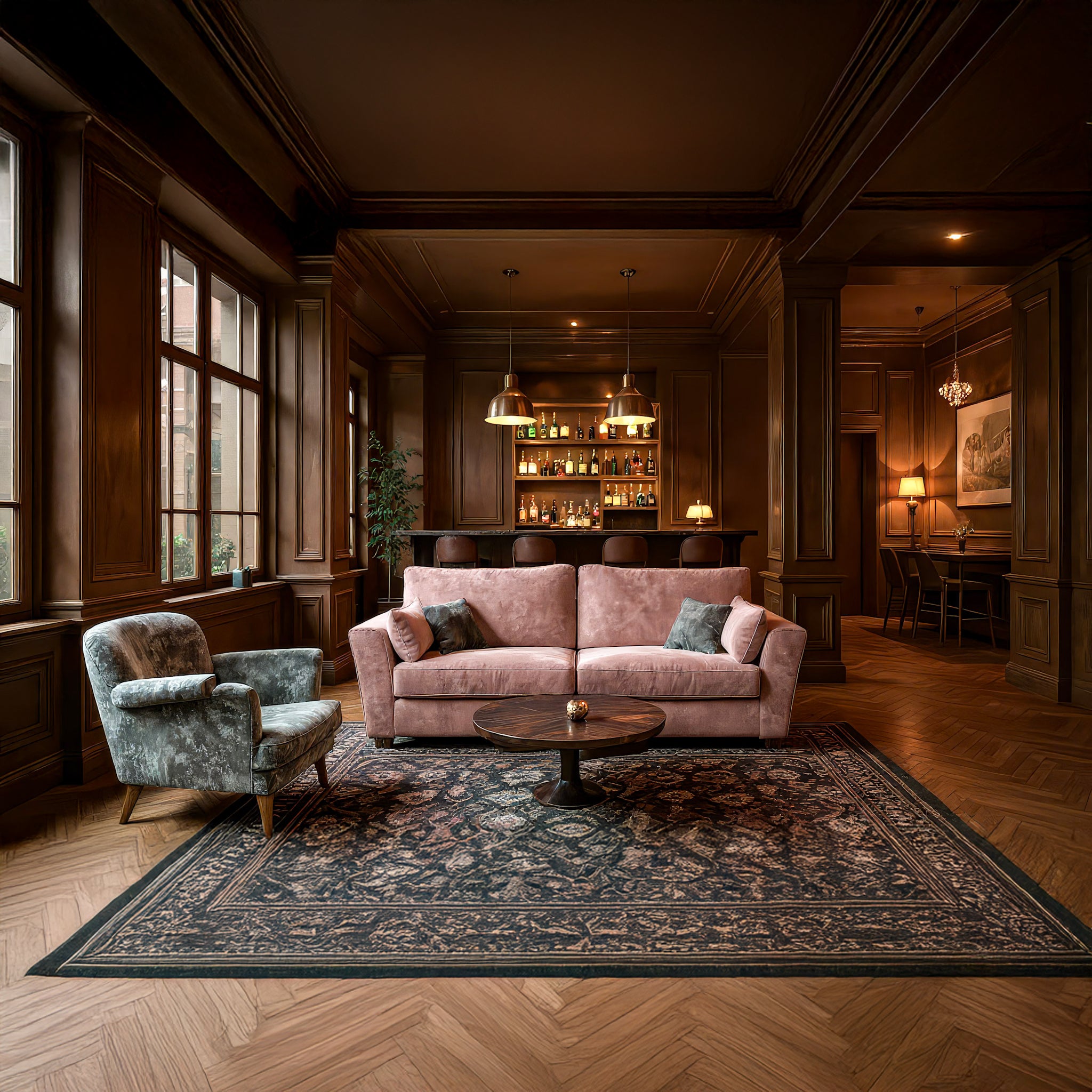 Luxurious living room with a pink sofa, armchair, and wooden floor.