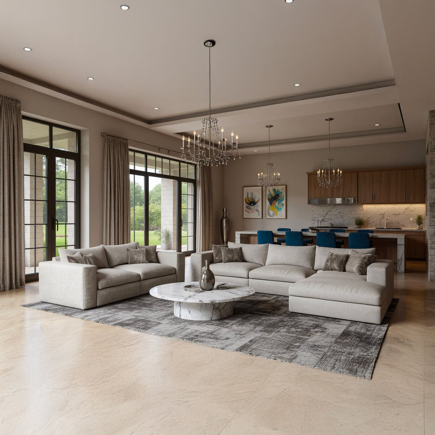 Modern living room with gray sofas, a coffee table, and large windows.