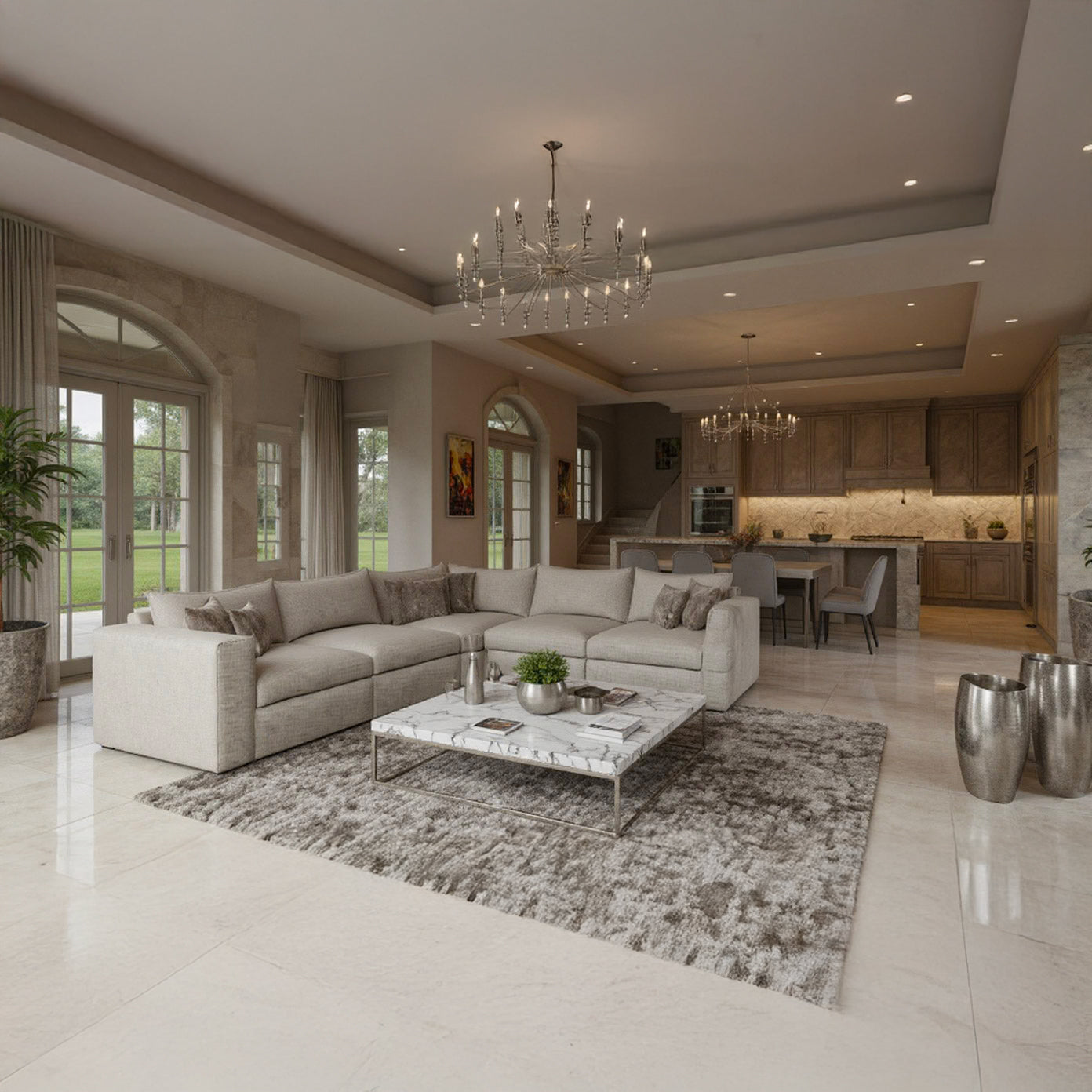 Modern living room with a sectional sofa, coffee table, and kitchen in the background.