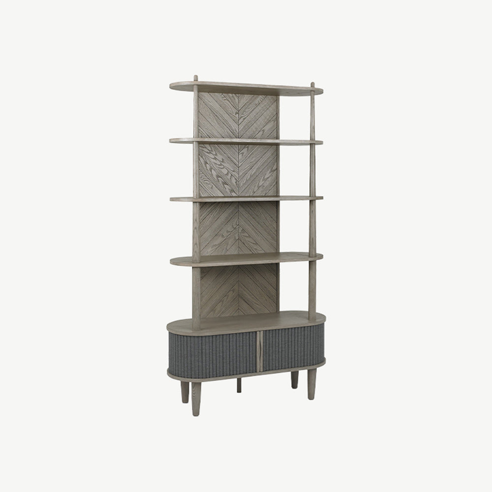 Wooden open display unit with saw-cut ash chevron pattern in silver grey finish and black powder coated metal base

