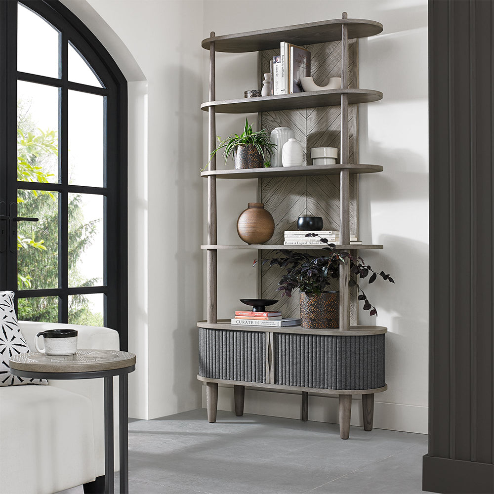 Wooden open display unit with saw-cut ash chevron pattern in silver grey finish and black powder coated metal base
