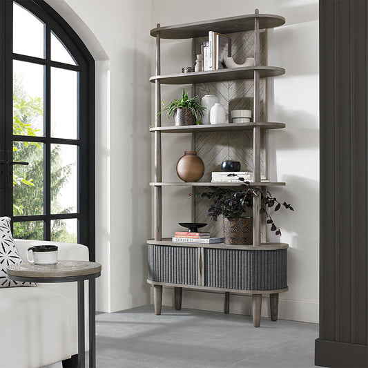 Wooden open display unit with saw-cut ash chevron pattern in silver grey finish and black powder coated metal base
