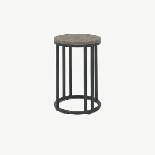 Wooden side table with saw-cut ash chevron pattern in silver grey finish and black powder coated metal base