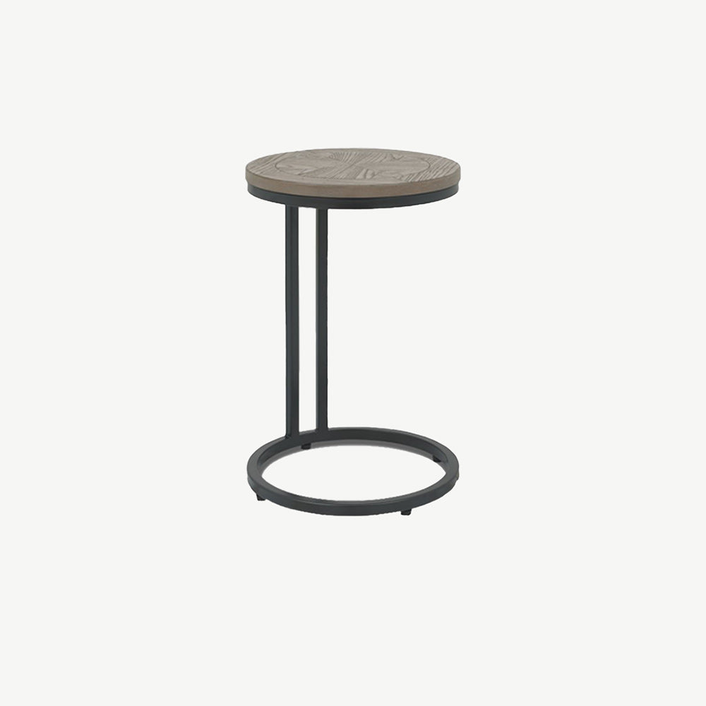 Wooden sofa table with saw-cut ash chevron pattern in silver grey finish and black powder coated metal base