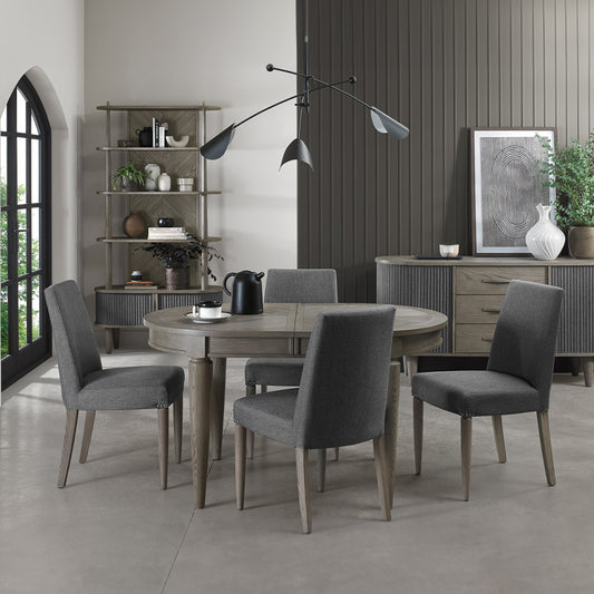 Slate grey upholstered fabric chair with tapered silver grey wooden legs 