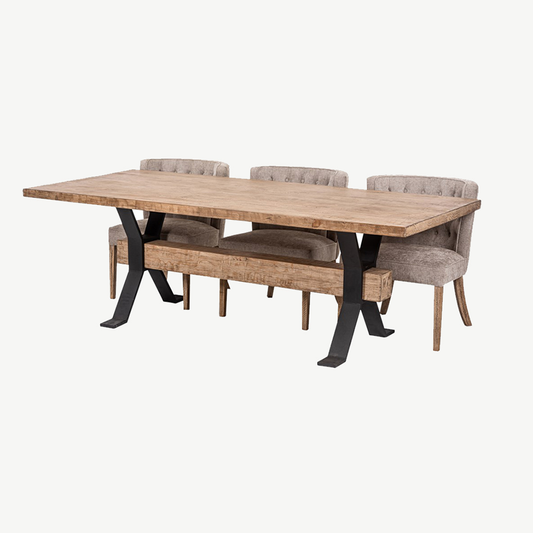 Pine wood large dining table in wax finish with black iron support