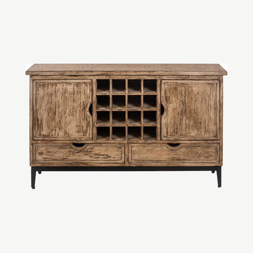 Pine wood large sideboard in wax finish with black iron base and legs