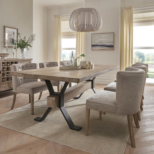 Pine wood large dining table in wax finish with black iron support