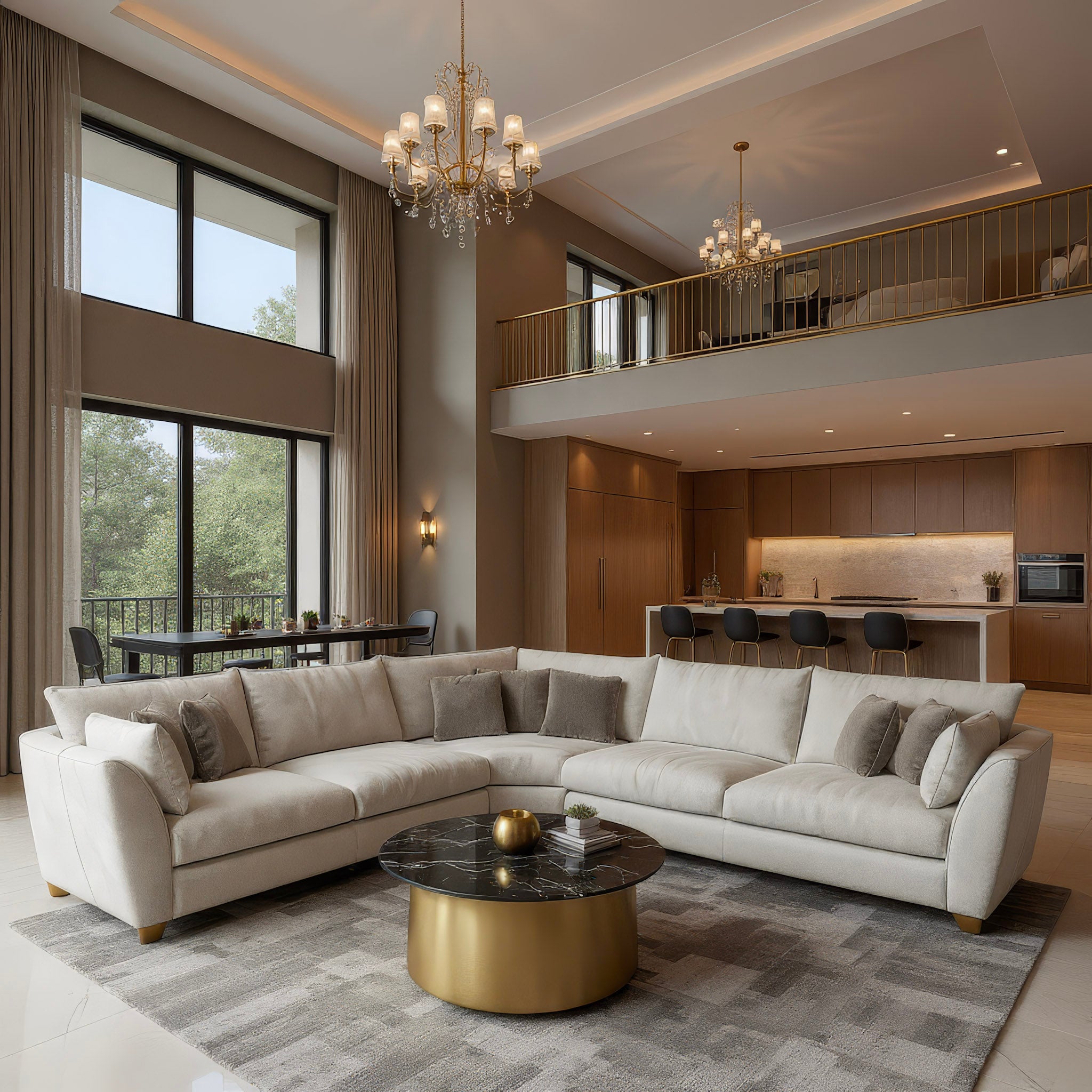 Modern living room with a sectional sofa, coffee table, and kitchen in the background.