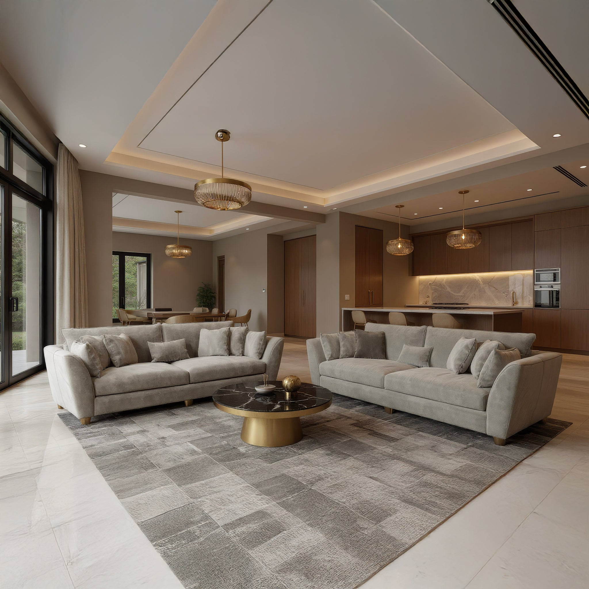 Modern living room with gray sofas, a gold coffee table, and decorative lighting.