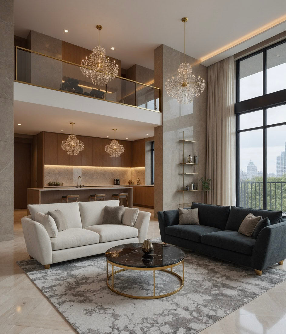 Modern living room with white and black sofas, a coffee table, and chandeliers.