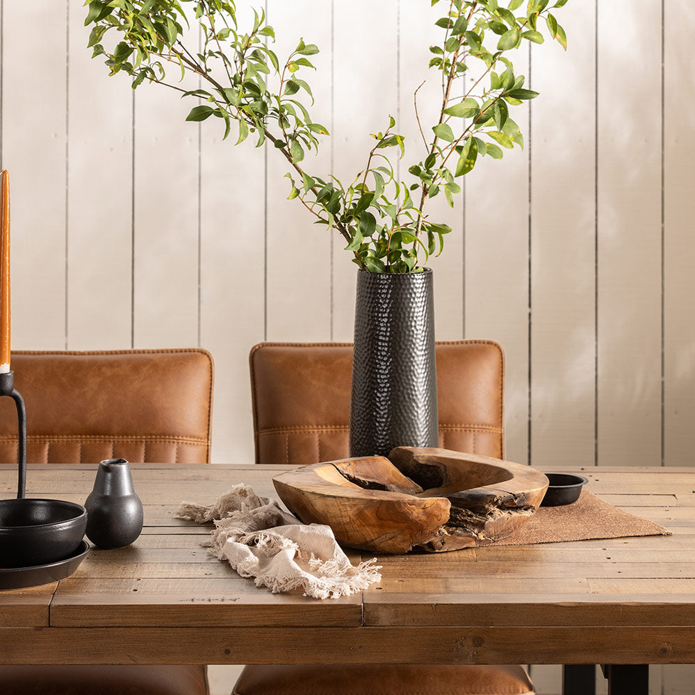Reclaimed timber extending dining table in natural finish and black metal square legs