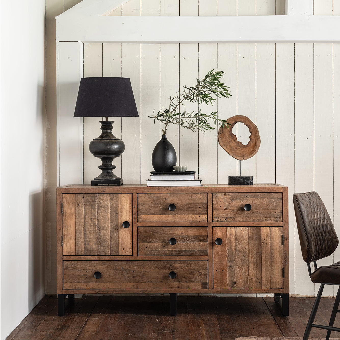 Reclaimed timber wide sideboard in natural finish with black powder coated metal feet