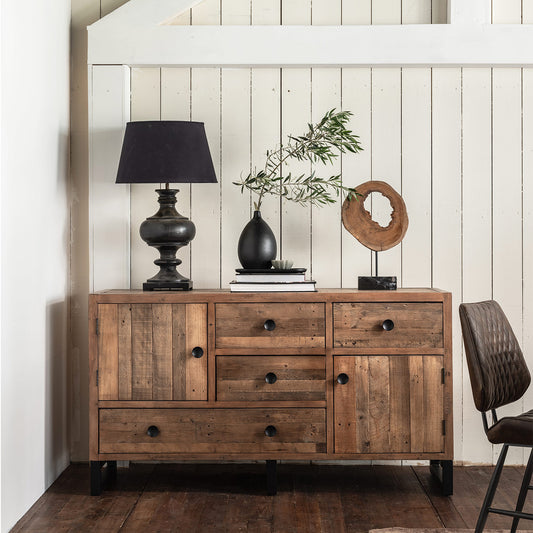 Reclaimed timber wide sideboard in natural finish with black powder coated metal feet