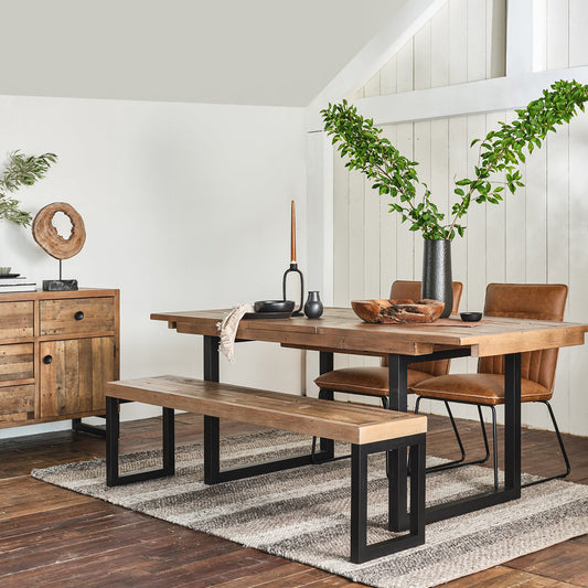 Reclaimed timber extending dining table in natural finish and black metal square legs