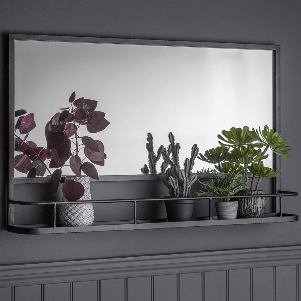 Overmantel mirror in contemporary black frame including bottom storage shelf