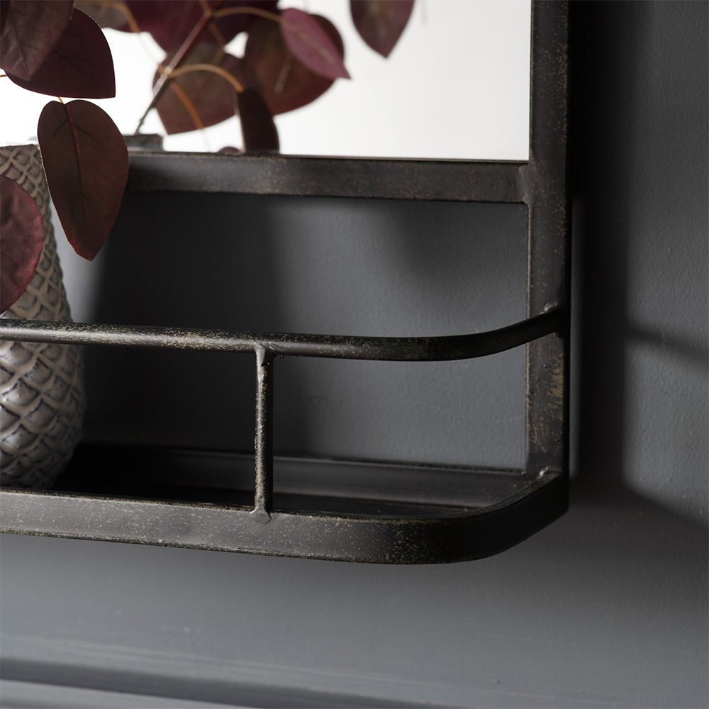 Overmantel mirror in contemporary black frame including bottom storage shelf